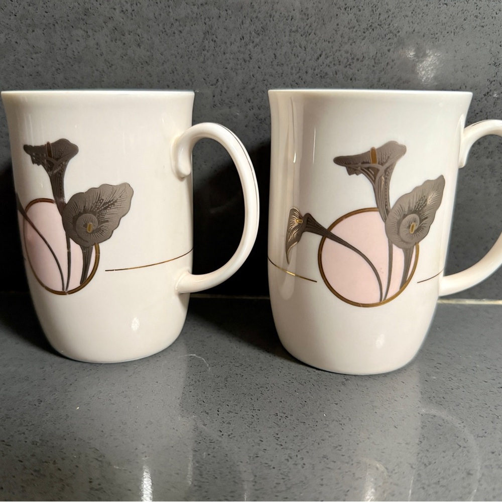 Vintage Otagiri Coffee Tea Cups Calla Lily Blushed Pink Gold Silver Pair